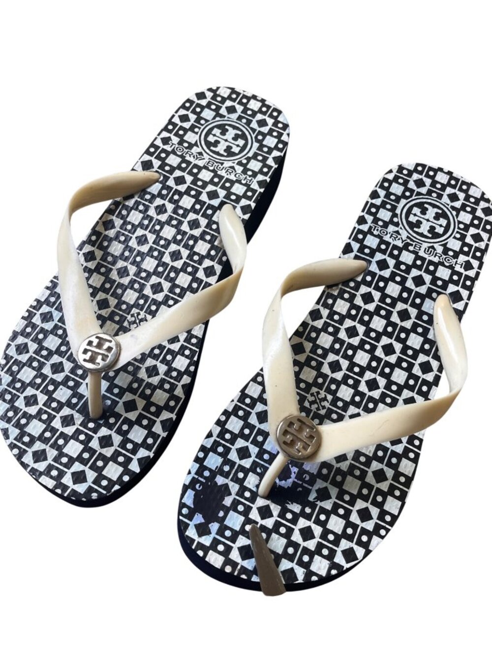 Tory Burch Monochrome Damask Wedge Rubber Flip Flops 8.5-9  Black Medallion
